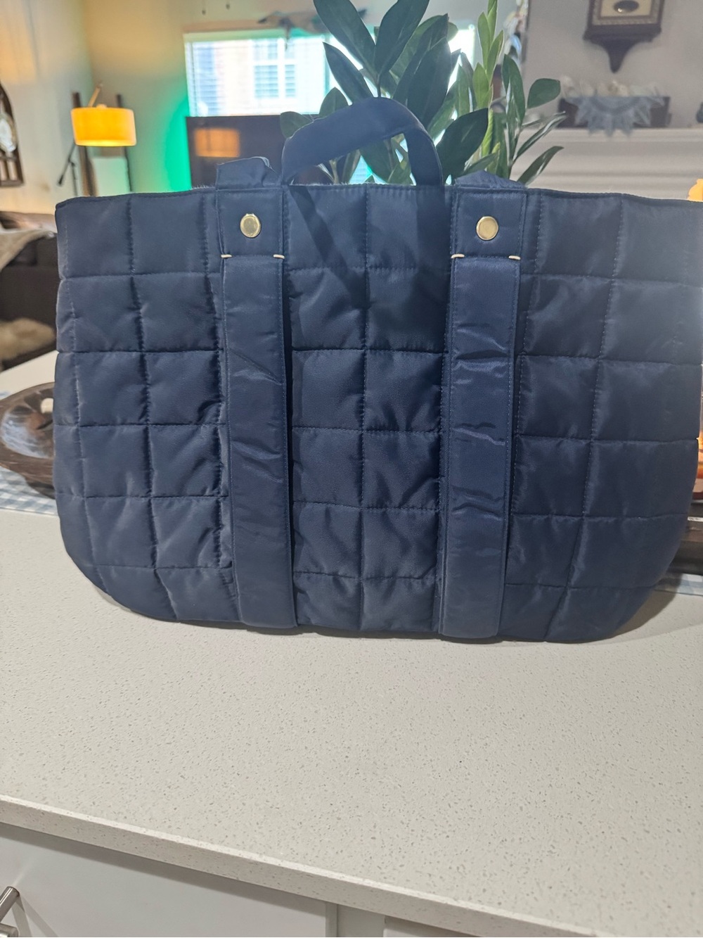 Clare V. Tropezienne Quilted Puffer Nylon Tote Bag Open Top in Navy Blue
